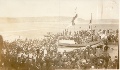 the naming of "Hollon III" on the beach (G Hall). 1907